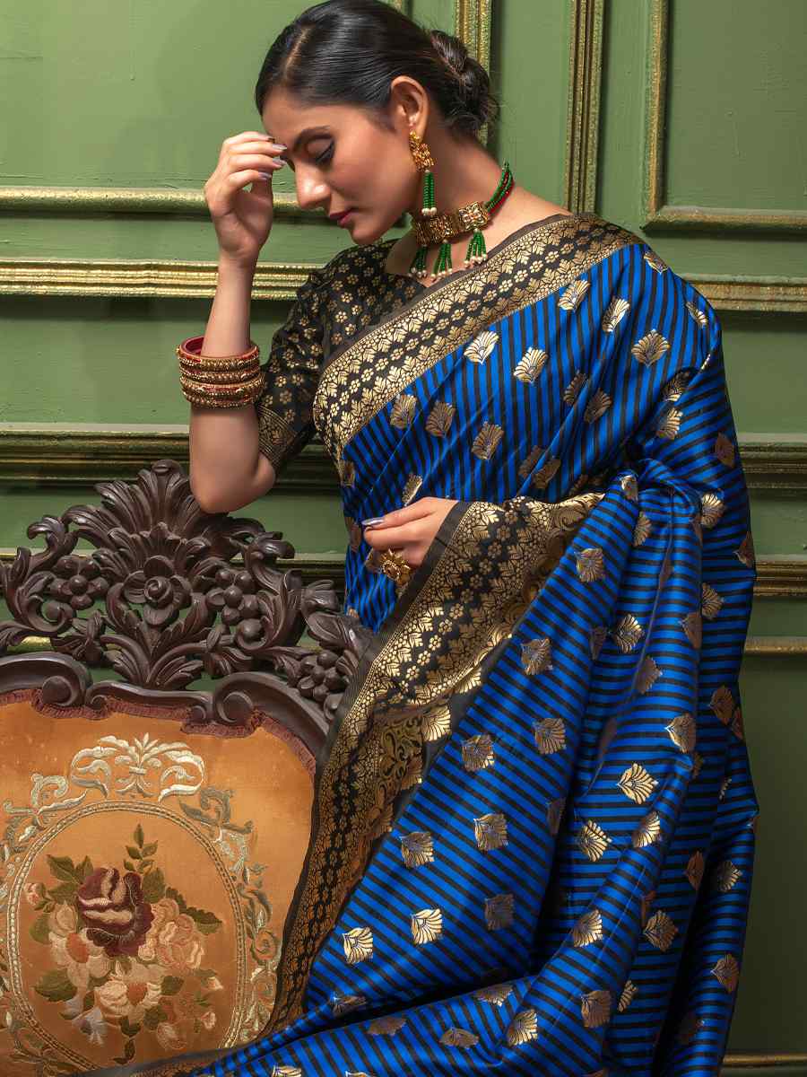 Blue Banarasi Silk Handwoven Wedding Festival Heavy Border Saree