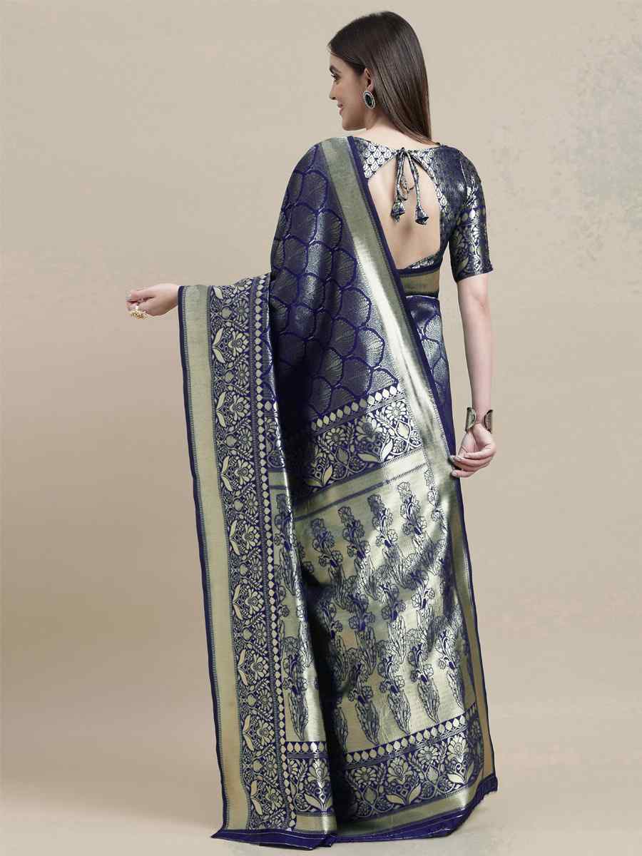 Blue Banarasi Silk Handwoven Wedding Festival Heavy Border Saree