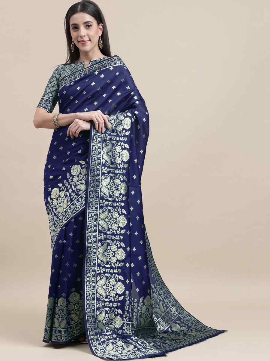 Blue Banarasi Silk Handwoven Wedding Festival Heavy Border Saree