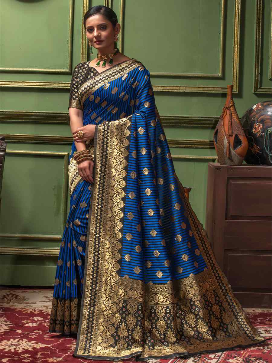 Blue Banarasi Silk Handwoven Wedding Festival Heavy Border Saree