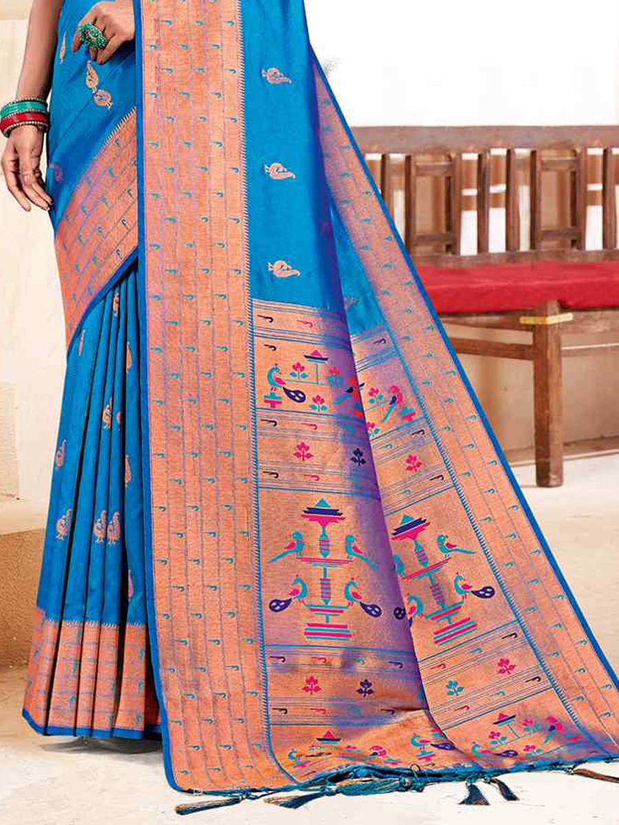 Blue Banarasi Silk Handwoven Wedding Festival Heavy Border Saree