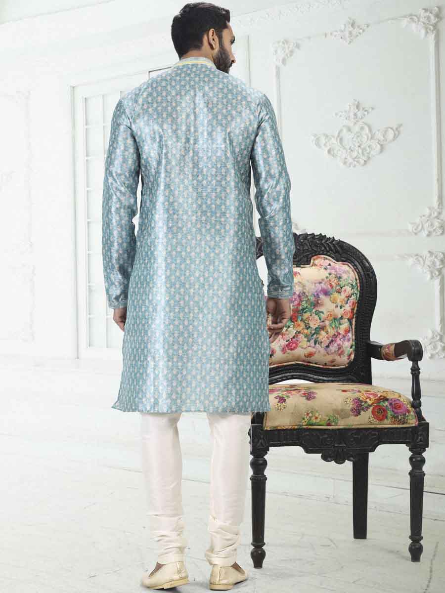 Blue Banarasi Silk Printed Festival Wedding Kurta