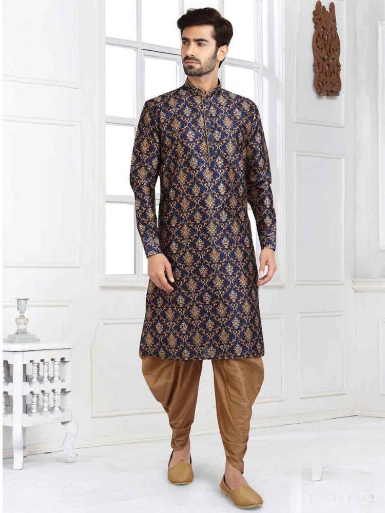 Blue Banarasi Silk Printed Festival Wedding Kurta