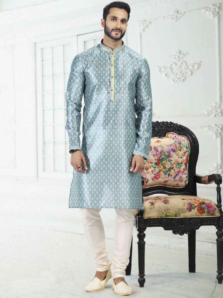 Blue Banarasi Silk Printed Festival Wedding Kurta