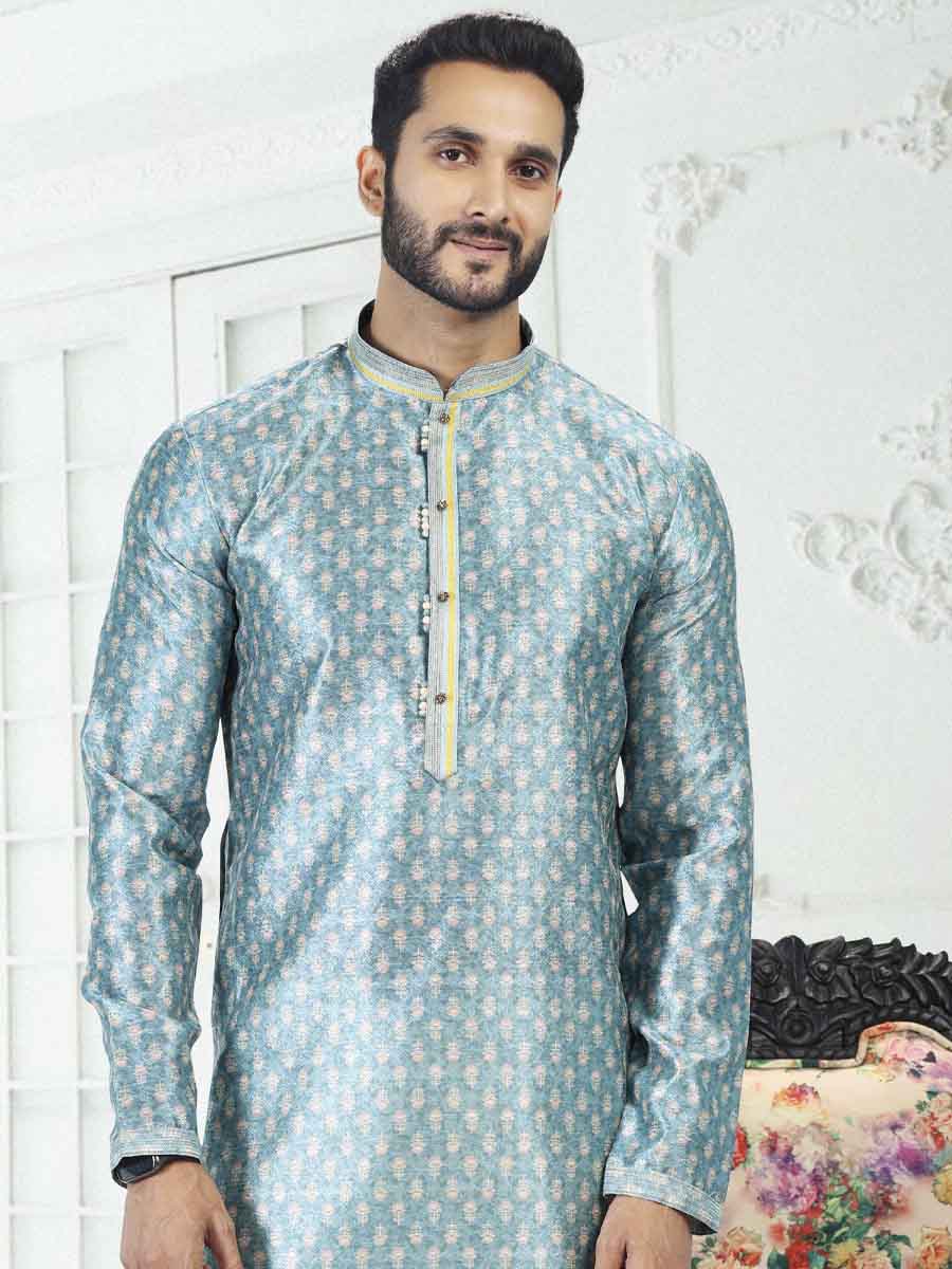 Blue Banarasi Silk Printed Festival Wedding Kurta