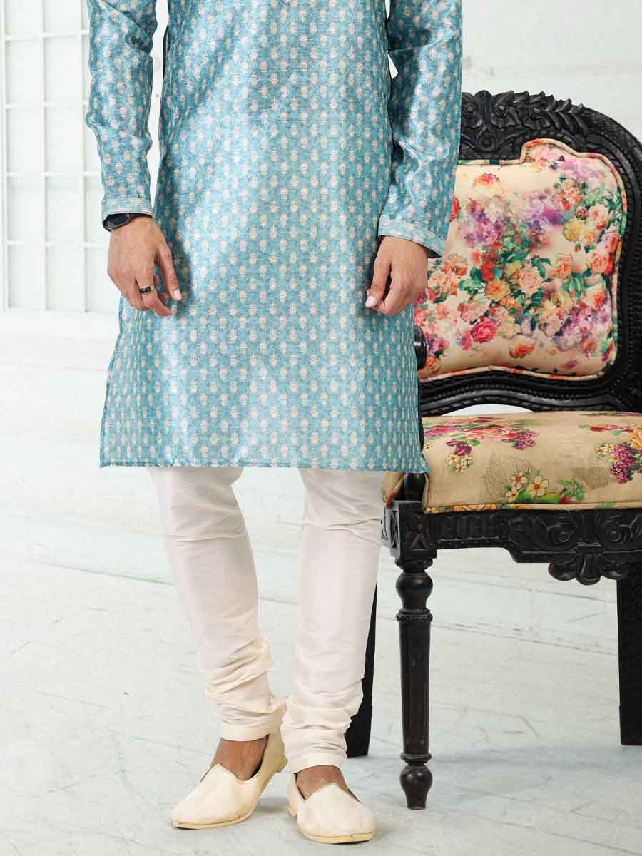 Blue Banarasi Silk Printed Festival Wedding Kurta
