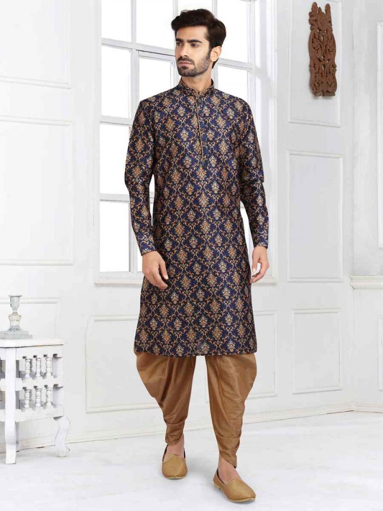 Blue Banarasi Silk Printed Plain Festival Party Kurta