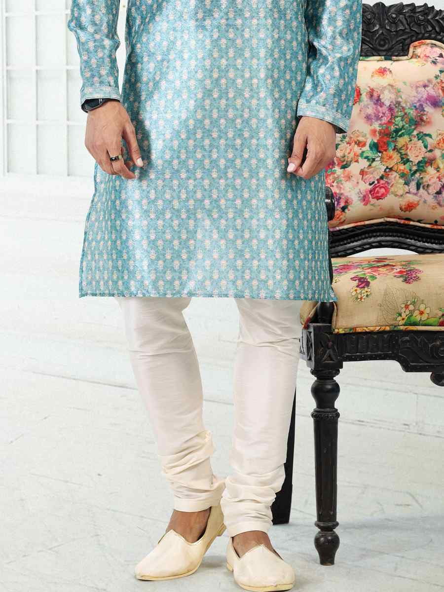 Blue Banarasi Silk Woven Festival Party Kurta