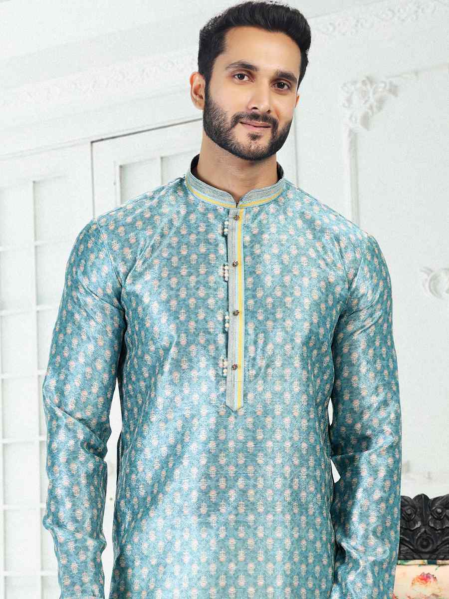 Blue Banarasi Silk Woven Festival Party Kurta