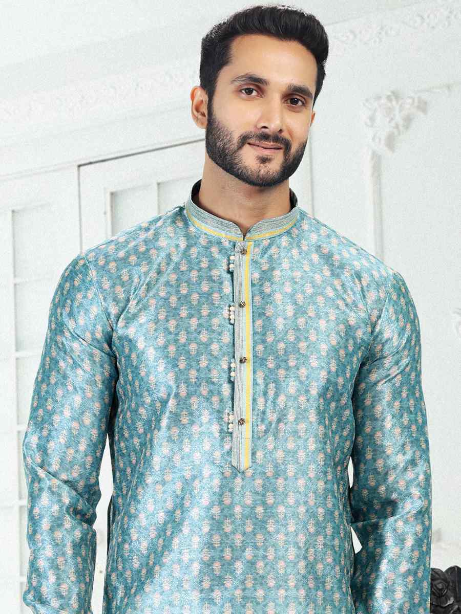 Blue Banarasi Silk Woven Festival Party Kurta