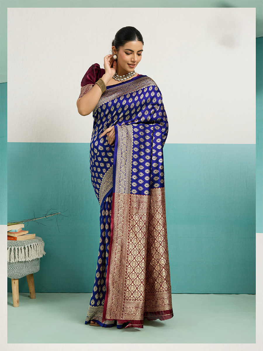 Blue Banarasi Silk Zari Kanjivaram Handwoven Wedding Party Festival Reception Heavy Border Saree