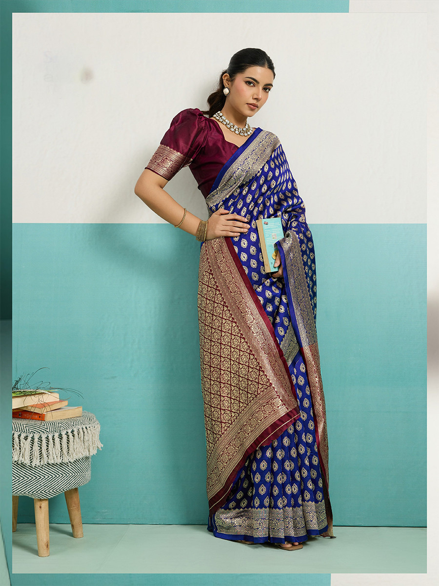 Blue Banarasi Silk Zari Kanjivaram Handwoven Wedding Party Festival Reception Heavy Border Saree