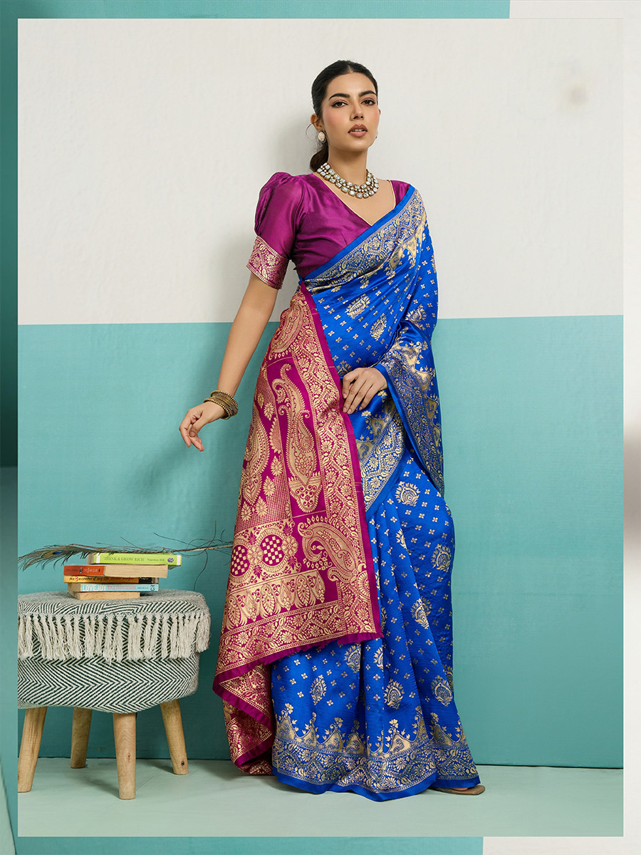 Blue Banarasi Silk Zari Kanjivaram Handwoven Wedding Party Festival Reception Heavy Border Saree