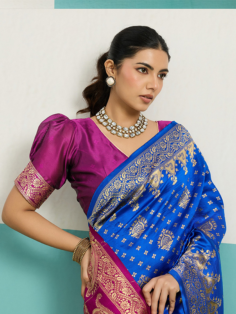 Blue Banarasi Silk Zari Kanjivaram Handwoven Wedding Party Festival Reception Heavy Border Saree