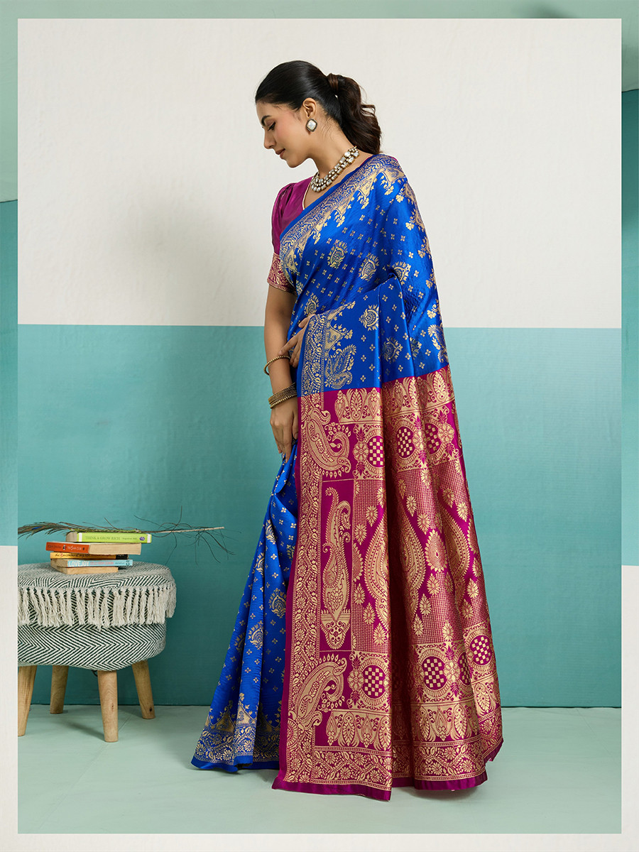 Blue Banarasi Silk Zari Kanjivaram Handwoven Wedding Party Festival Reception Heavy Border Saree