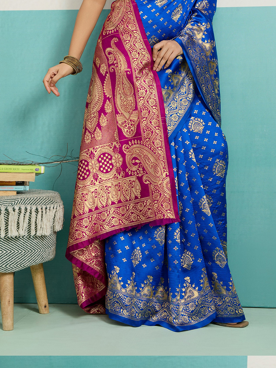 Blue Banarasi Silk Zari Kanjivaram Handwoven Wedding Party Festival Reception Heavy Border Saree