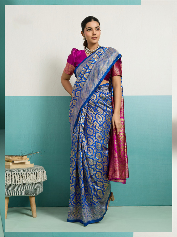 Image of Blue Banarasi Silk Zari Kanjivaram Handwoven Wedding Party Festival Reception Heavy Border Saree