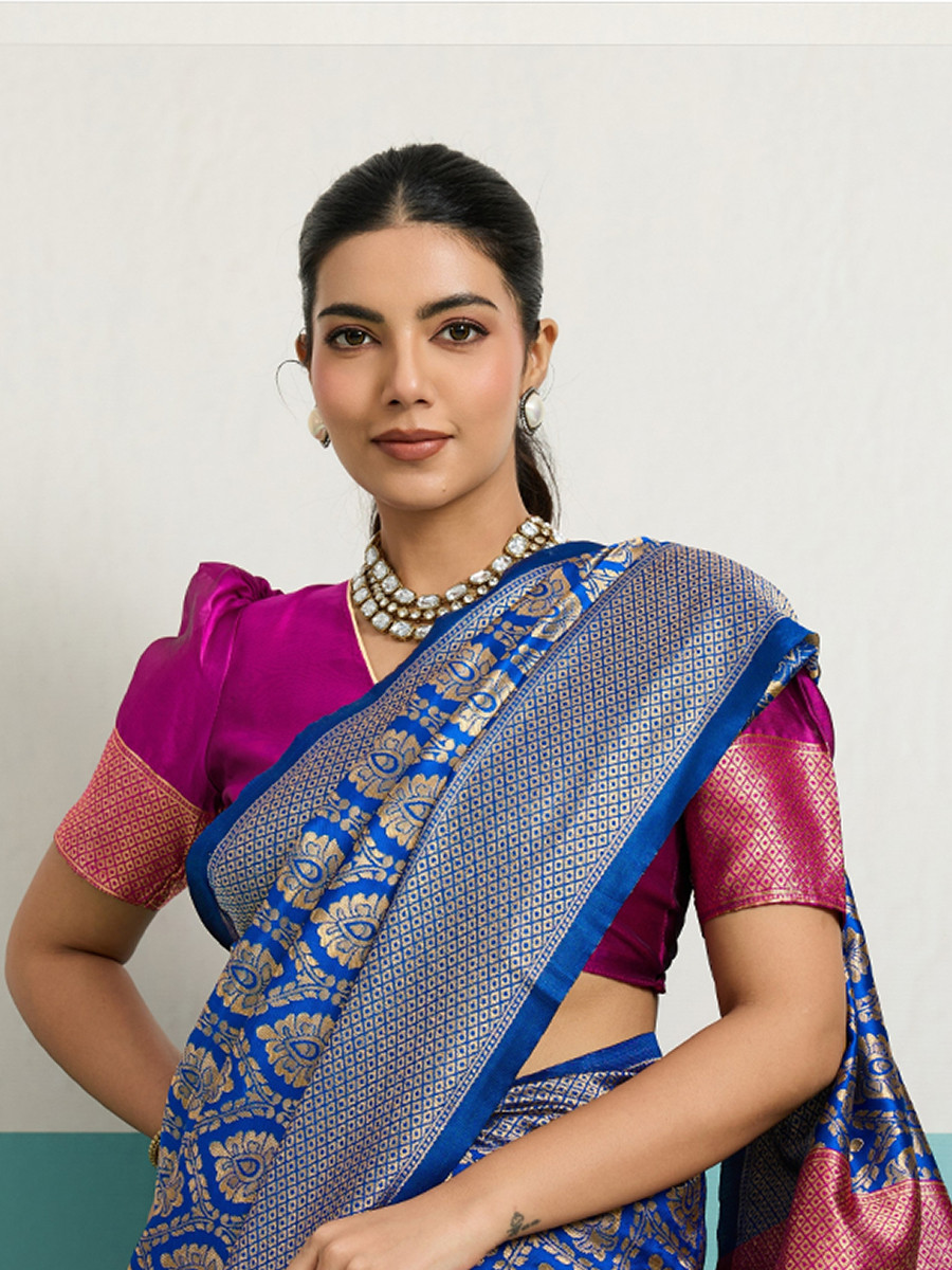 Blue Banarasi Silk Zari Kanjivaram Handwoven Wedding Party Festival Reception Heavy Border Saree