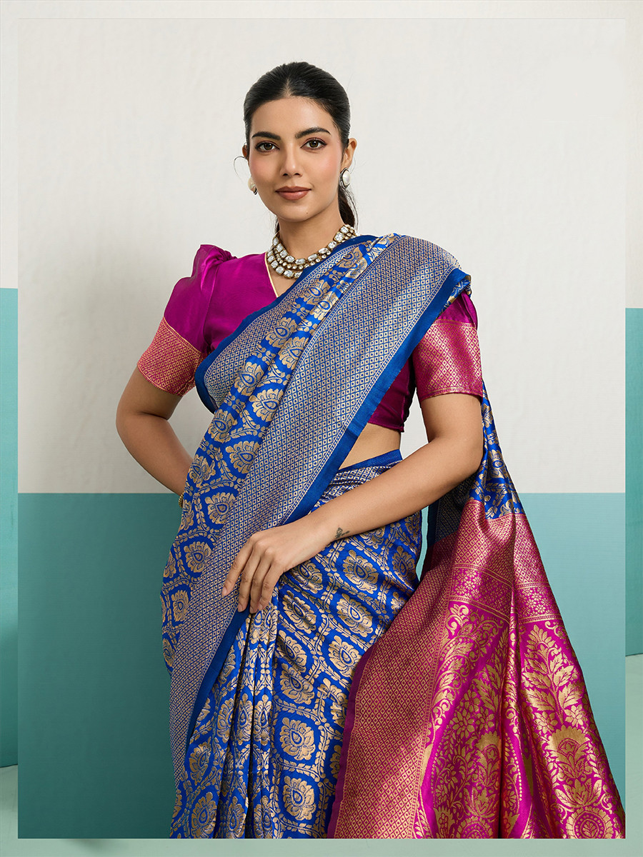 Blue Banarasi Silk Zari Kanjivaram Handwoven Wedding Party Festival Reception Heavy Border Saree