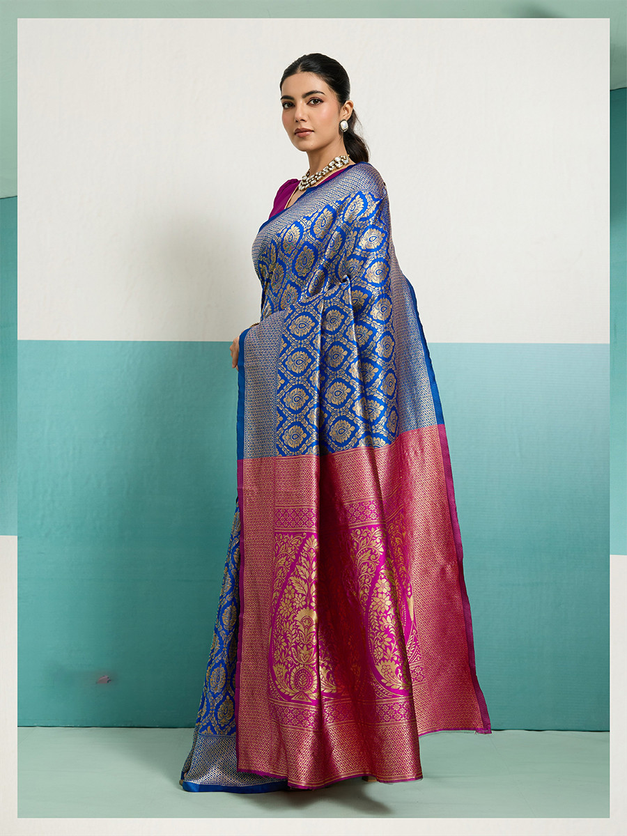 Blue Banarasi Silk Zari Kanjivaram Handwoven Wedding Party Festival Reception Heavy Border Saree