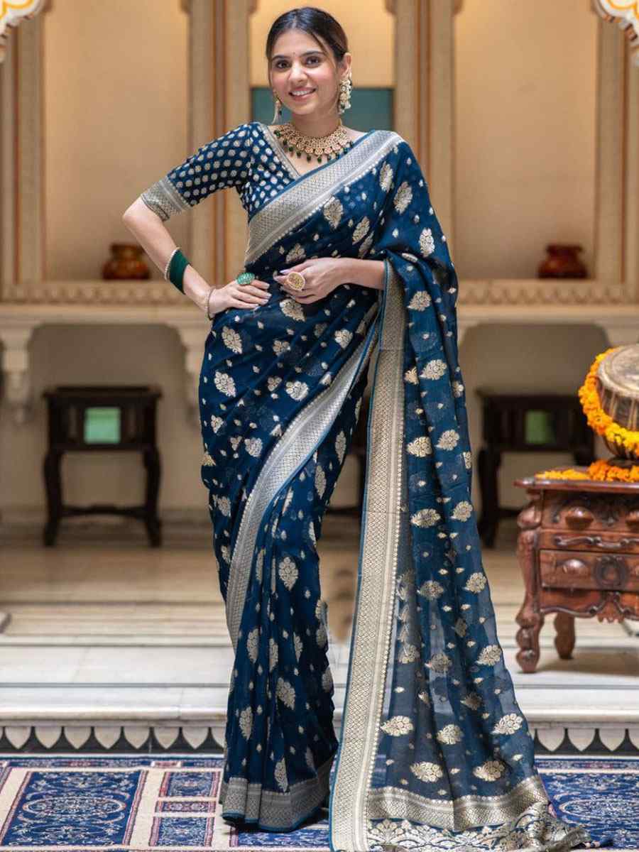 Blue Banarasi Soft Silk Handwoven Wedding Festival Heavy Border Saree