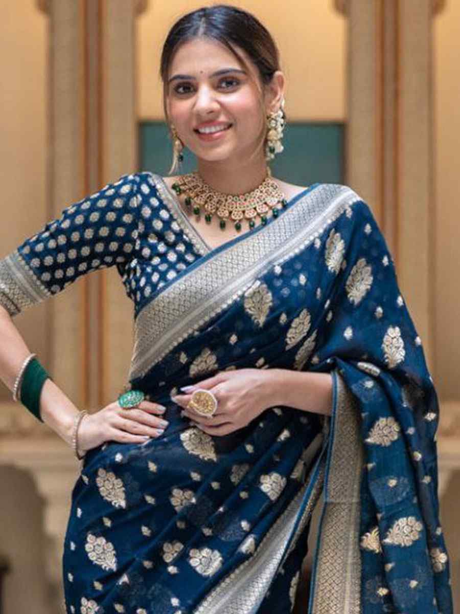Blue Banarasi Soft Silk Handwoven Wedding Festival Heavy Border Saree