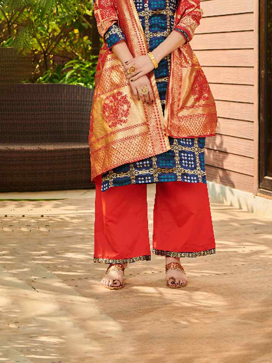 Blue Bandhani Silk Blend Handwoven Wedding Festival Palazzo Pant Salwar Kameez