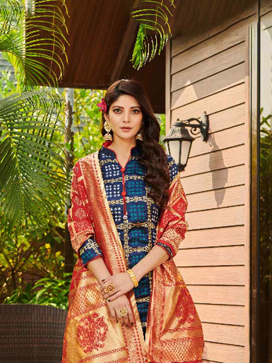 Blue Bandhani Silk Blend Handwoven Wedding Festival Palazzo Pant Salwar Kameez
