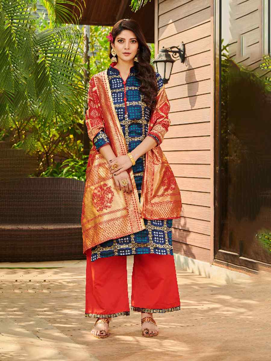 Blue Bandhani Silk Blend Handwoven Wedding Festival Palazzo Pant Salwar Kameez