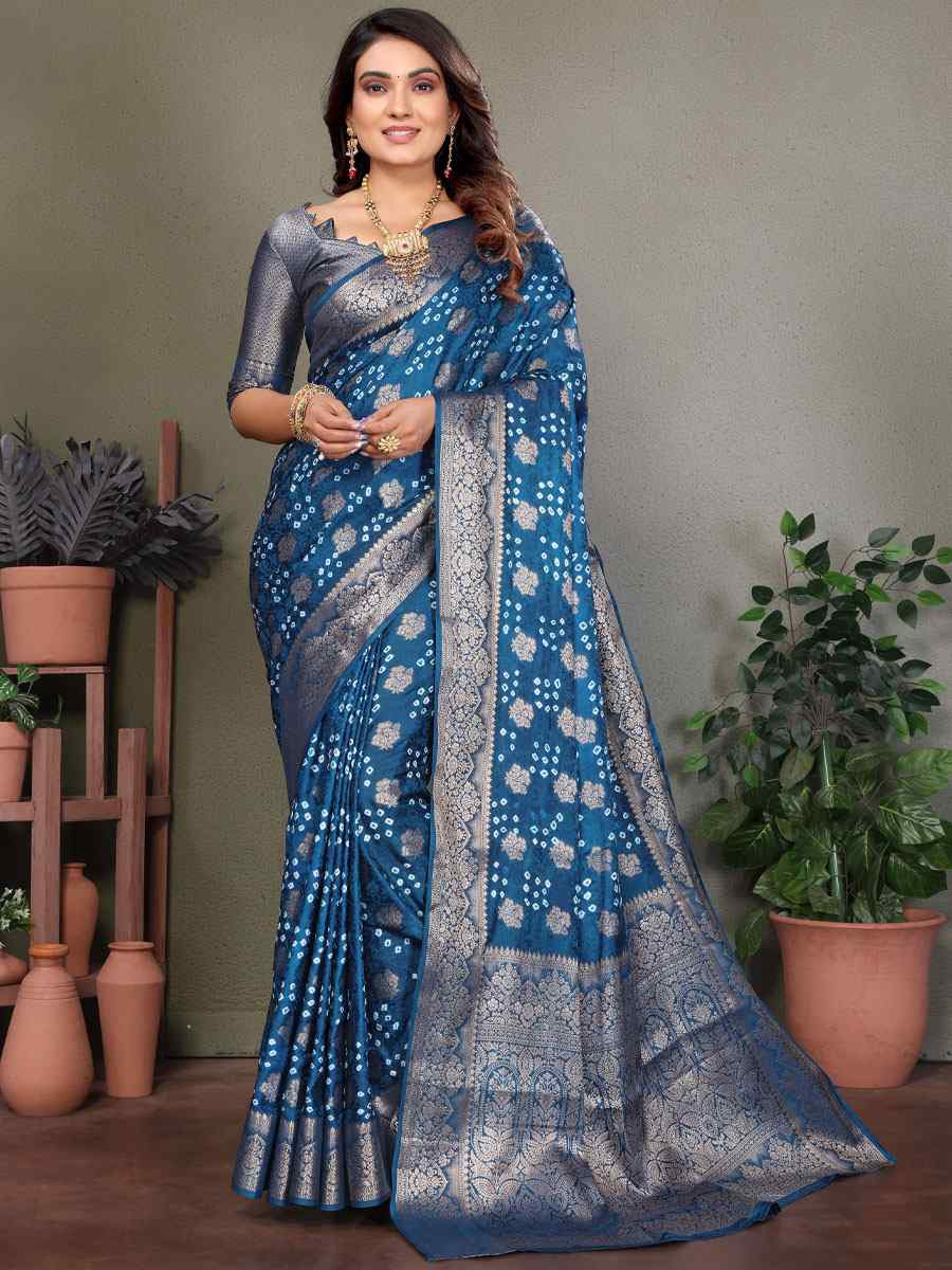 Blue Bandhej Silk Handwoven Traditional Bridal Reception Festival Wedding Fancy Heavy Border Saree