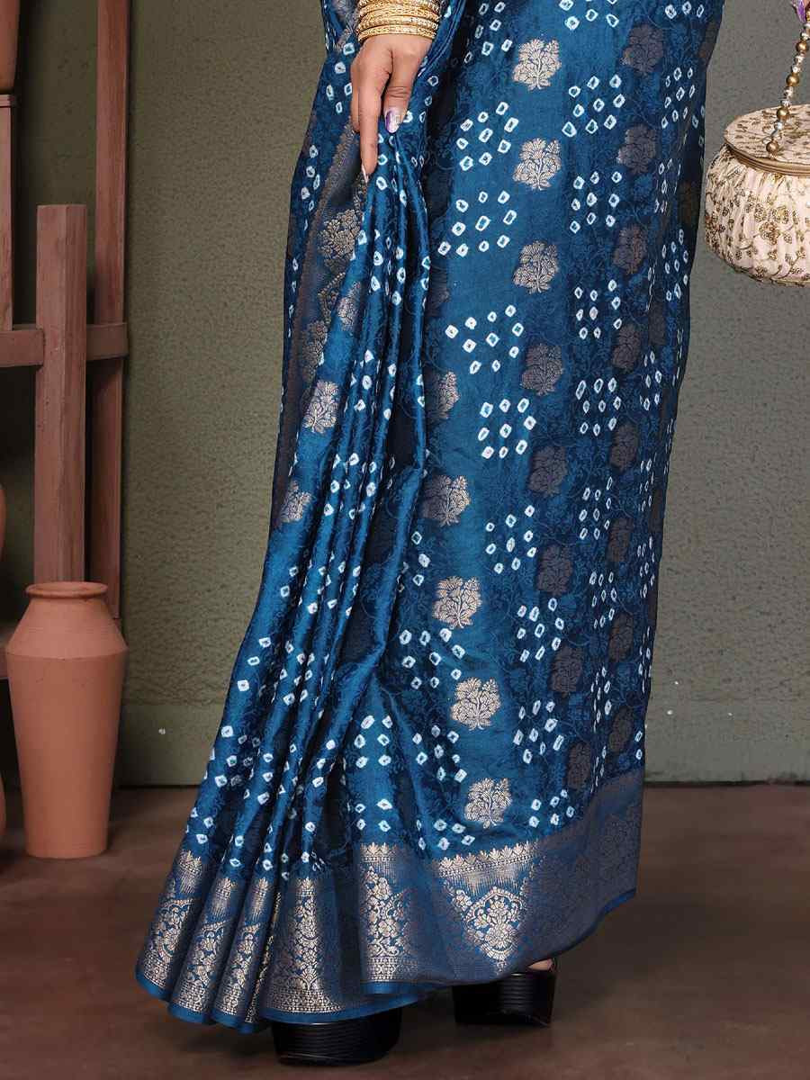 Blue Bandhej Silk Handwoven Traditional Bridal Reception Festival Wedding Fancy Heavy Border Saree