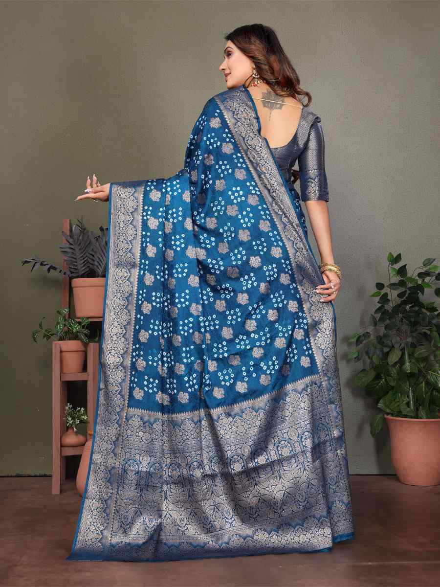 Blue Bandhej Silk Handwoven Traditional Bridal Reception Festival Wedding Fancy Heavy Border Saree