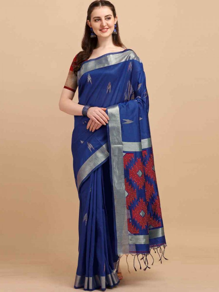 Blue Banglori Raw Silk Handwoven Wedding Festival Heavy Border Saree