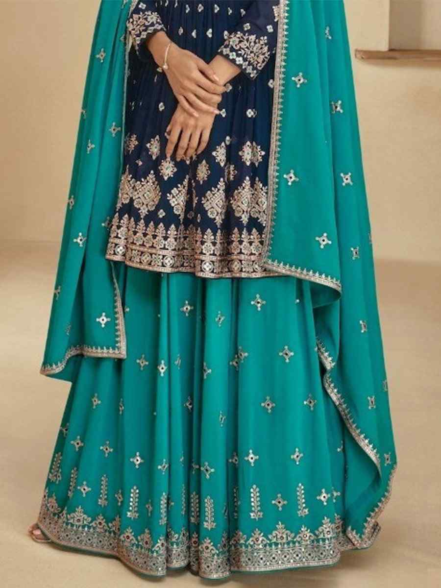 Blue Blooming Georgette Embroidered Festival Mehendi Sharara Pant Salwar Kameez