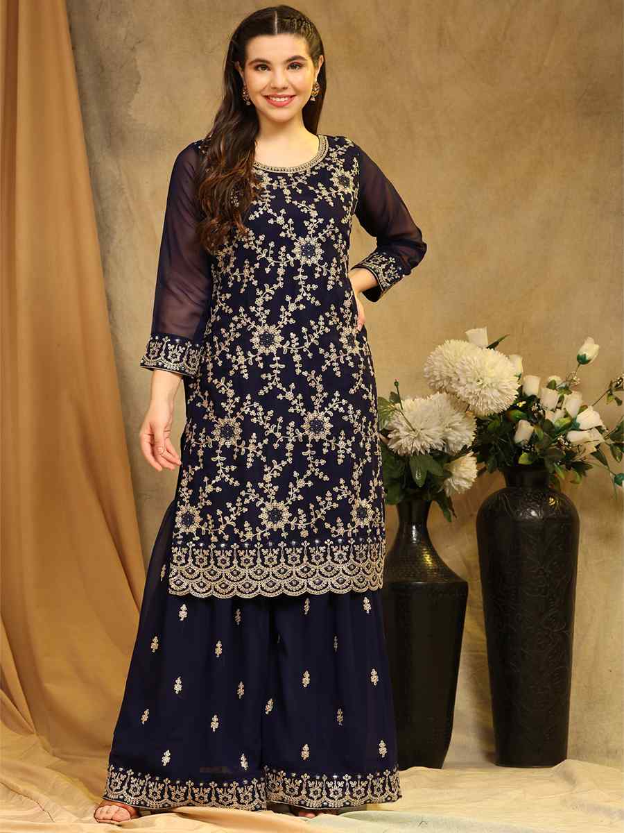 Blue Blooming Georgette Embroidered Festival Wedding Palazzo Pant Salwar Kameez