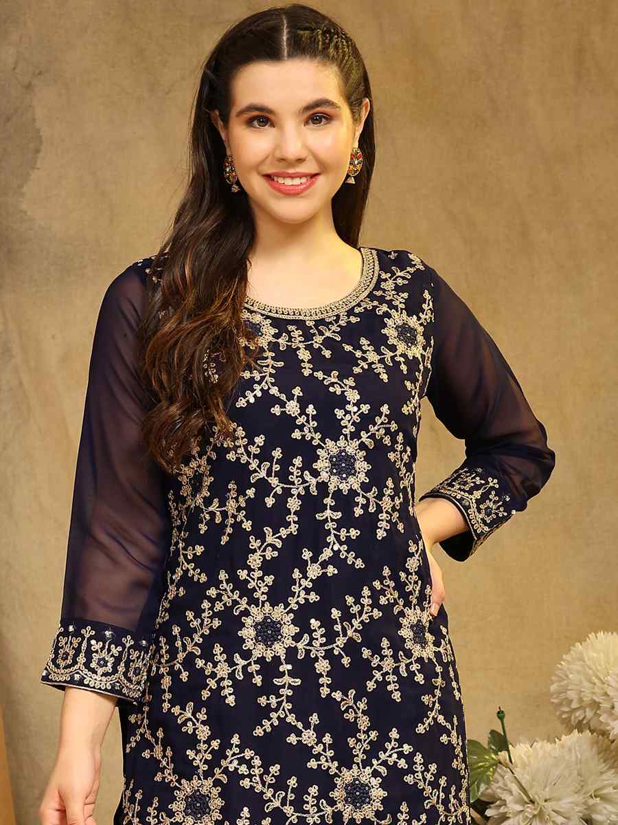 Blue Blooming Georgette Embroidered Festival Wedding Palazzo Pant Salwar Kameez