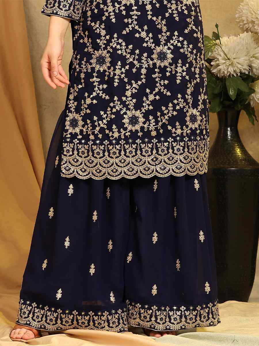 Blue Blooming Georgette Embroidered Festival Wedding Palazzo Pant Salwar Kameez