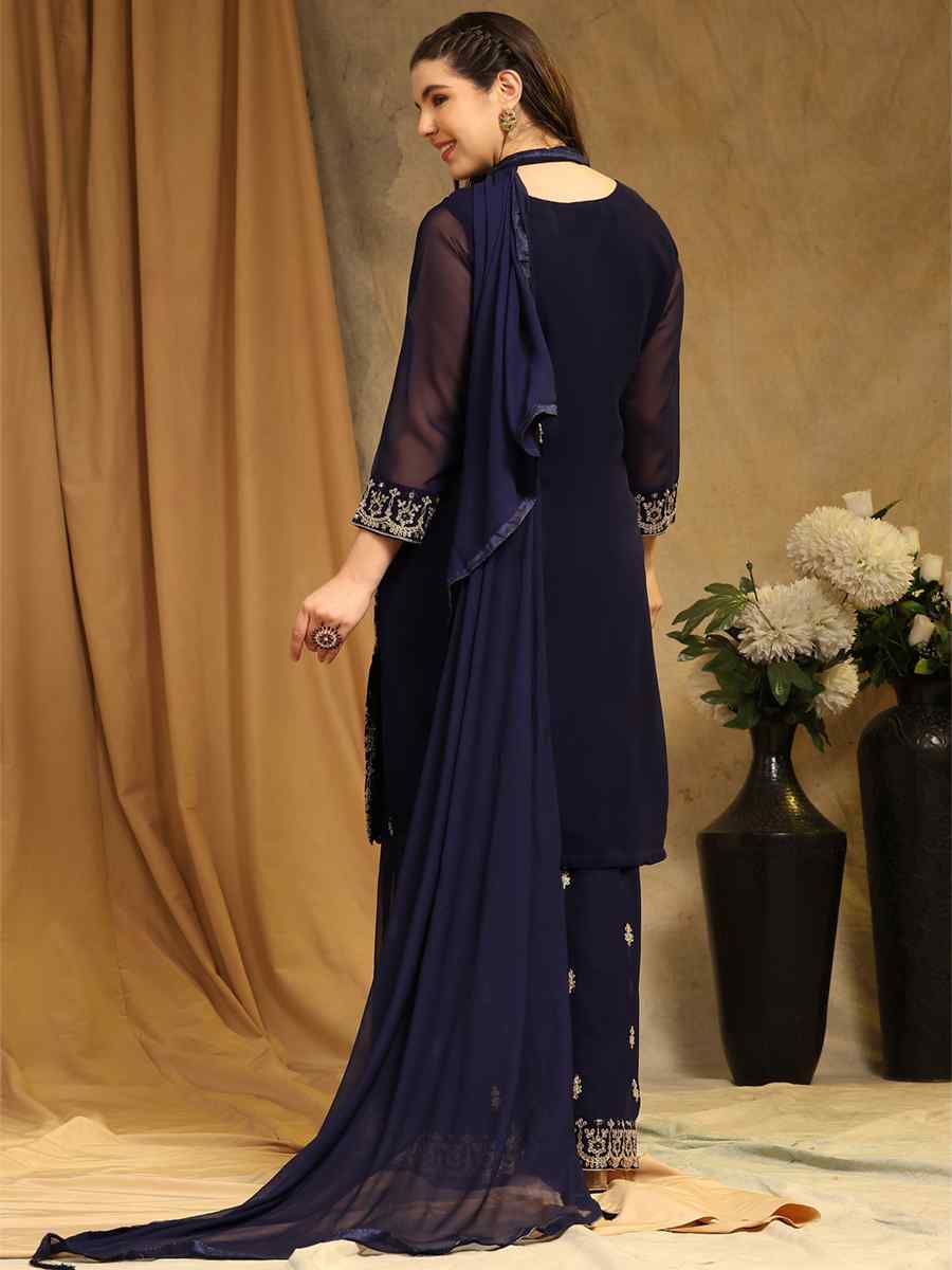 Blue Blooming Georgette Embroidered Festival Wedding Palazzo Pant Salwar Kameez