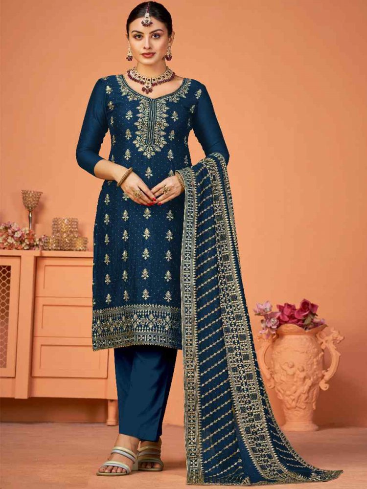 Blue Blooming Vichitra Embroidered Festival Party Pant Salwar Kameez