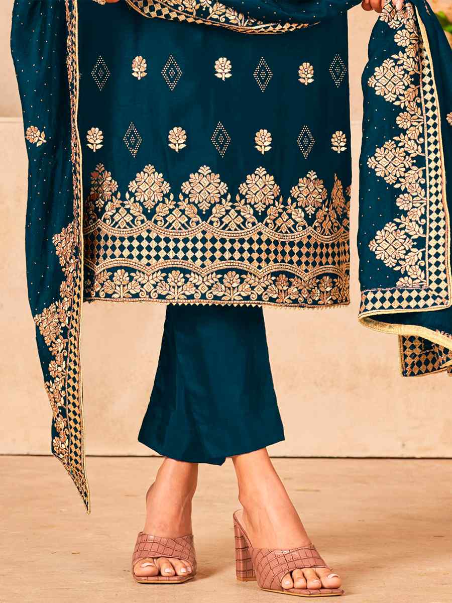 Blue Blooming Vichitra Embroidered Festival Wedding Pant Salwar Kameez