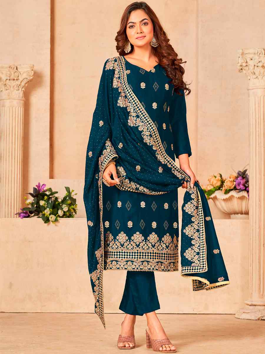 Blue Blooming Vichitra Embroidered Festival Wedding Pant Salwar Kameez