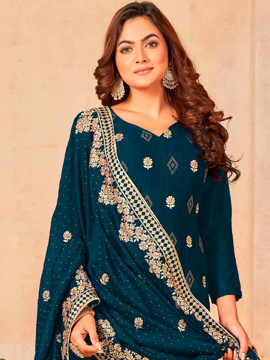 Blue Blooming Vichitra Embroidered Festival Wedding Pant Salwar Kameez