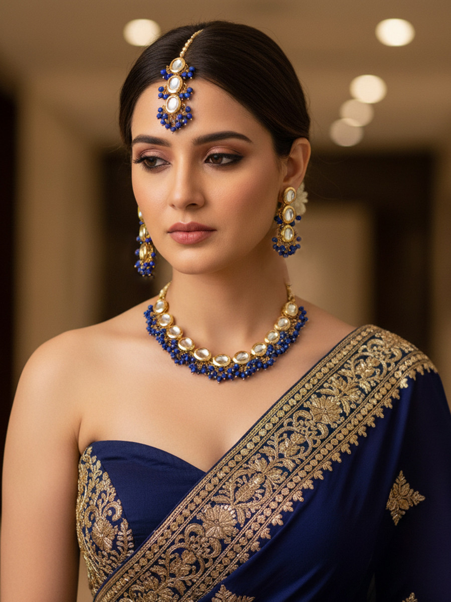 Blue Brass Wedding Party Festival Wear Kundan Necklace