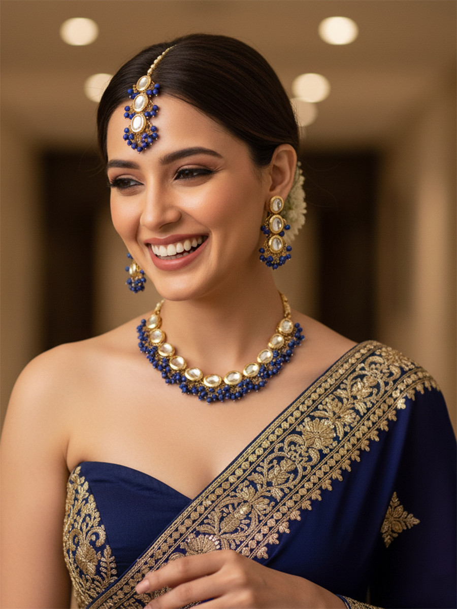 Blue Brass Wedding Party Festival Wear Kundan Necklace