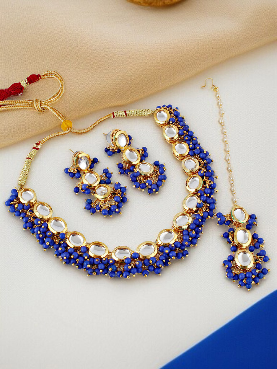 Blue Brass Wedding Party Festival Wear Kundan Necklace