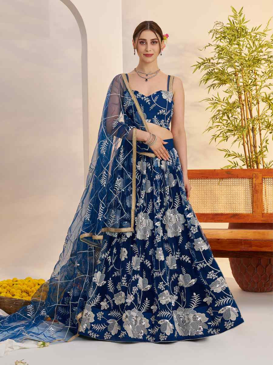 Blue Butterfly Net Embroidered Bridal Wedding Reception Festival Heavy Border Lehenga Choli