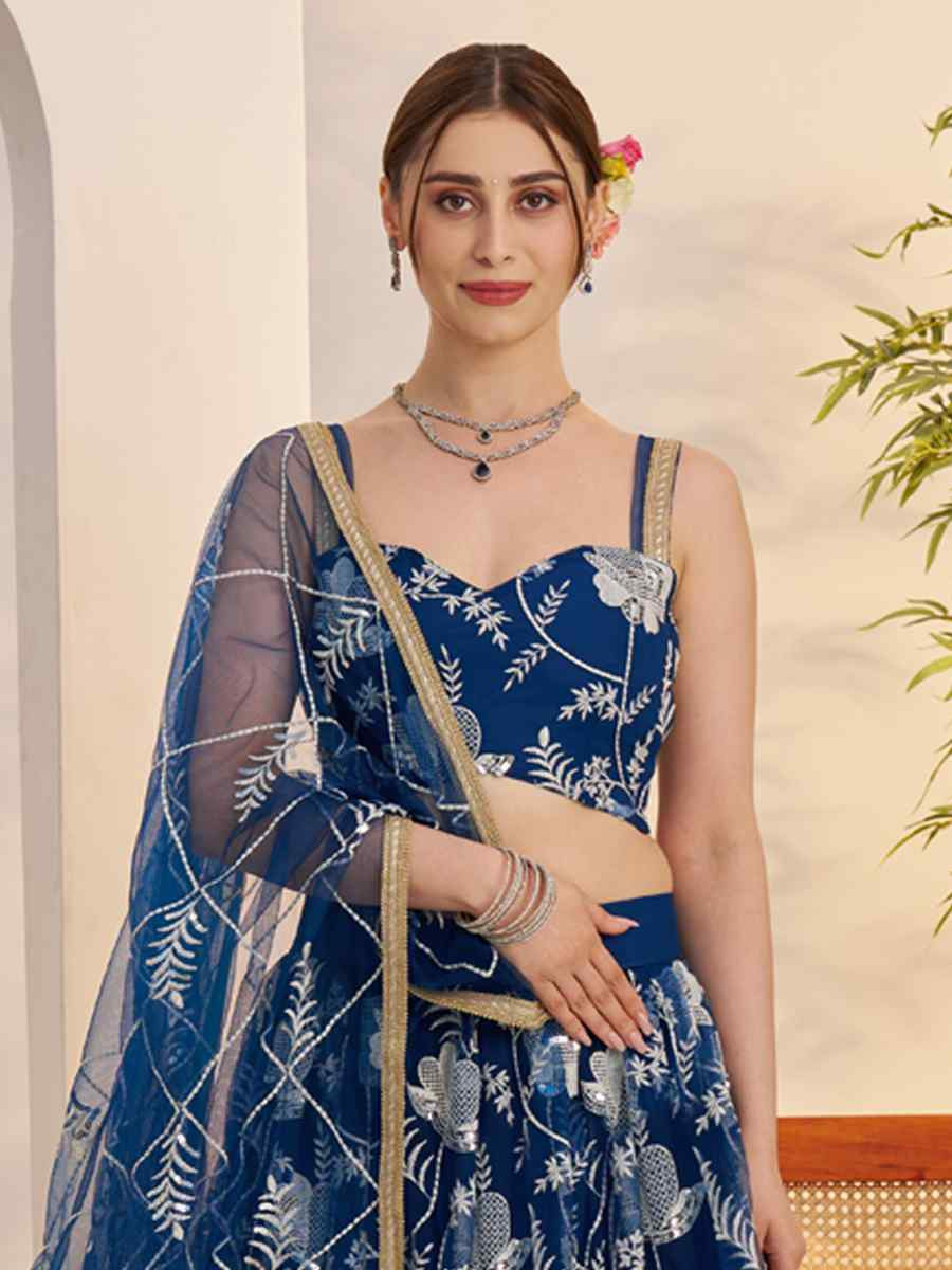 Blue Butterfly Net Embroidered Bridal Wedding Reception Festival Heavy Border Lehenga Choli