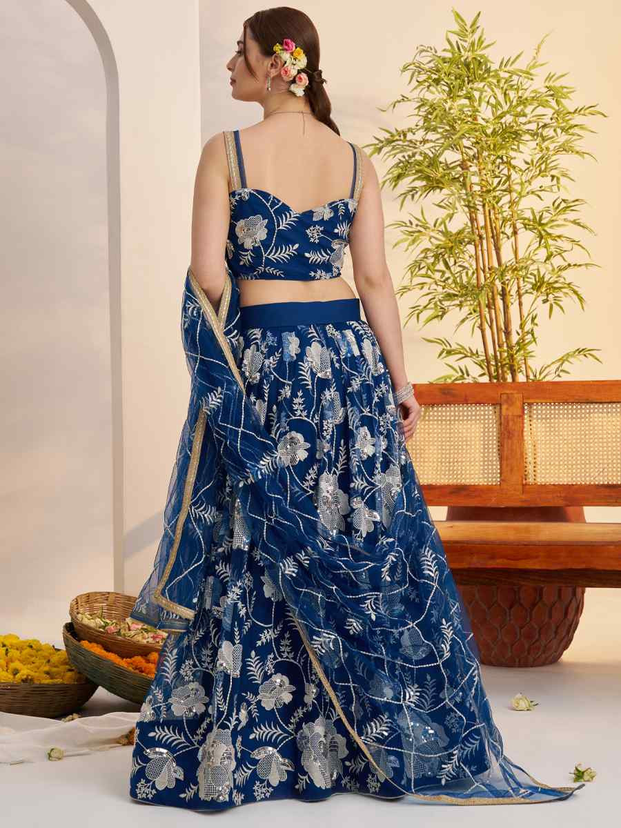Blue Butterfly Net Embroidered Bridal Wedding Reception Festival Heavy Border Lehenga Choli