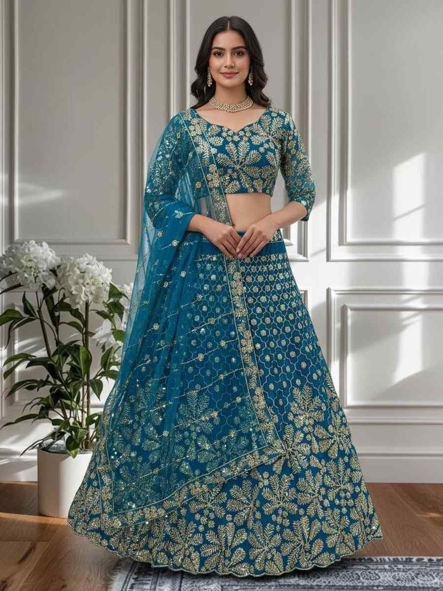 Blue Butterfly Net Embroidered Bridal Wedding Reception Festival Heavy Border Lehenga Choli
