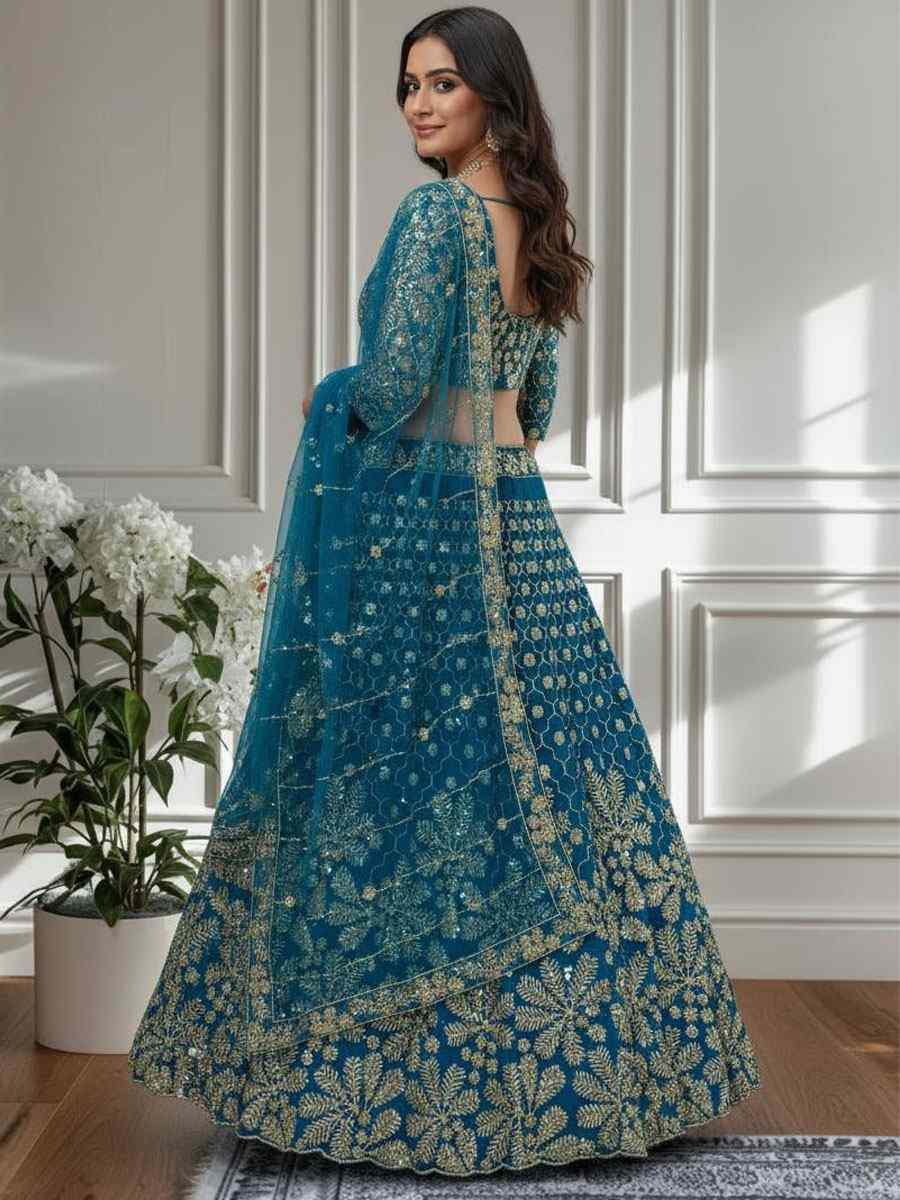 Blue Butterfly Net Embroidered Bridal Wedding Reception Festival Heavy Border Lehenga Choli